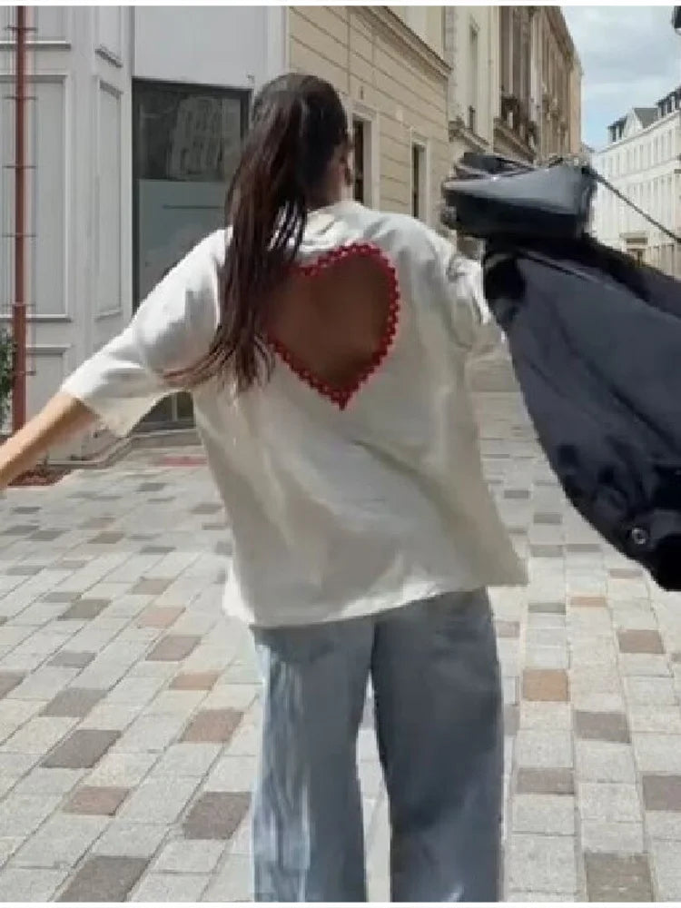 Y2k Style White Oversized T Shirt Women Fashion Backless Heart Cutout Red Trim Half Sleeve Tops Summer Casual Streetwear Outfits