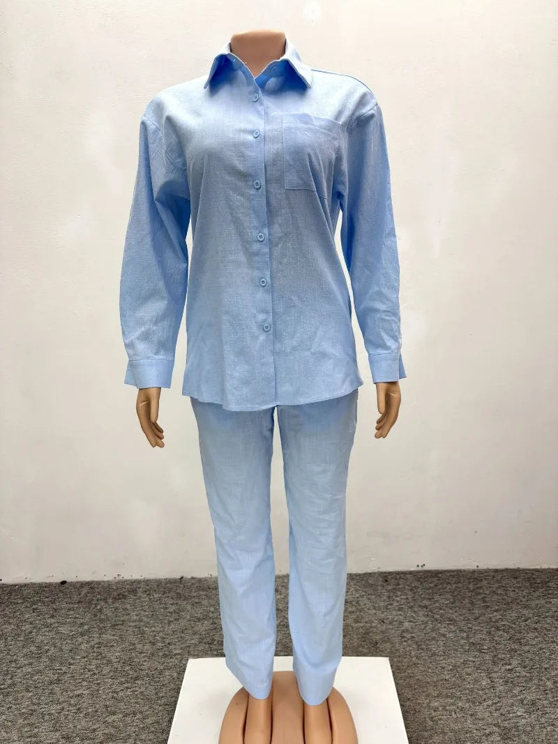 African Style Women 2 Piece Casual Outfits Blue Button Shirt & Wide Leg Pants Set Elegant Daily Streetwear Loose Loungewear