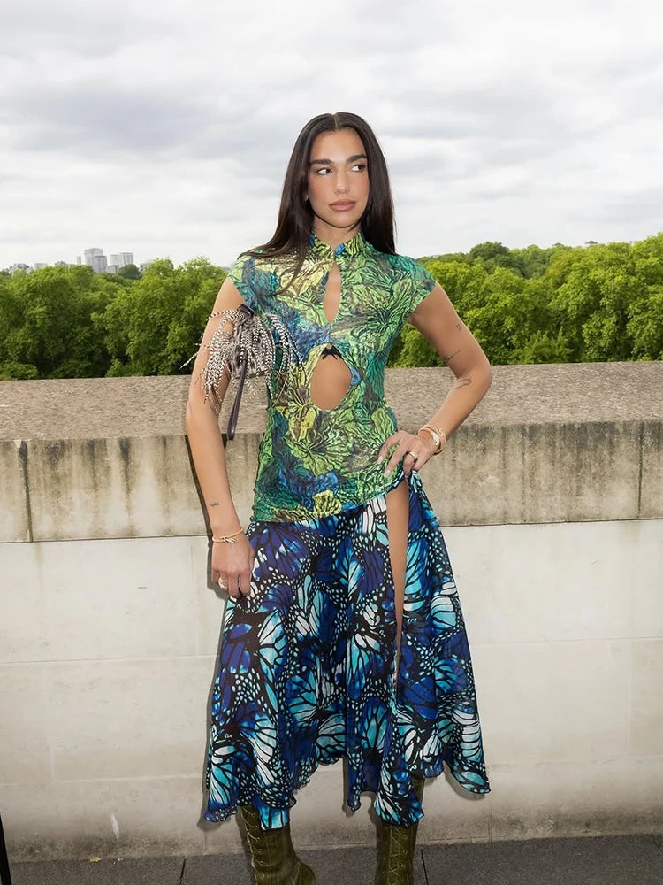 Jungle Butterfly Print Midi Dress Mandarin Collar Cutout Waist High Slit Dress 2026 Summer Festival Night Out Wear Women Vestido