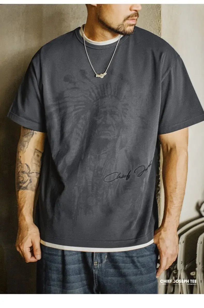 Maden Vintage Heavyweight Navajo Print Short Sleeve T-Shirt Men's Summer Cotton Tee Letter Embroidered Loose Fit Crew Neck Tops