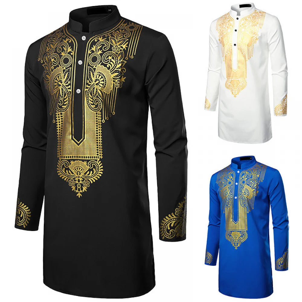 Men's Traditional African Shirt Print Golden Flowers Long Sleeve Shirt Ethnic Casual Outfits Wedding African Streetwear