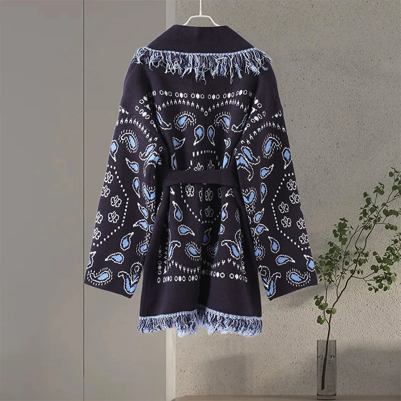 Elegant Print Tassel Cardigan Women Belt V-neck Long Sleeve Loose Knitted Sweaters Female 2025 Autumn Winter Chic Knitwears Lady