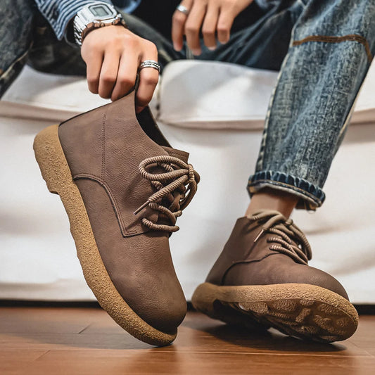 Outdoor Leather Men Casual Shoes British Style High Quality Ankle Boots High Top Man Work Boots Comfortable Walking Sneakers