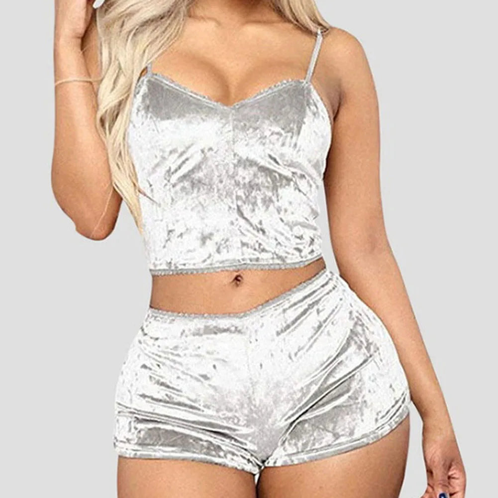 Women Sexy Pajama Set Solid Color V-neck Sleeveless Sexy Underwear Woman Solid Comfortable 2 Piece Lingerie Sleepwear Fashion