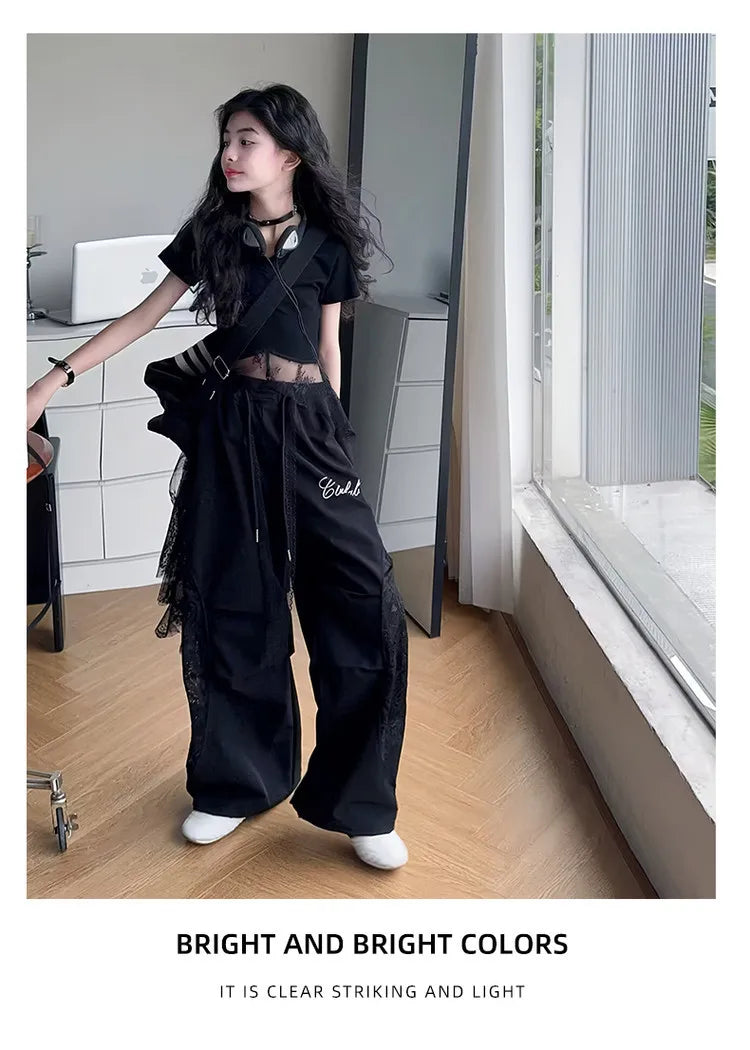 4-14 girls Hip Hop Jazz Street Dance clothes Set Child Summer Clothing Lace patchwork T-shirt+work pants 2pcs kids outfits suit