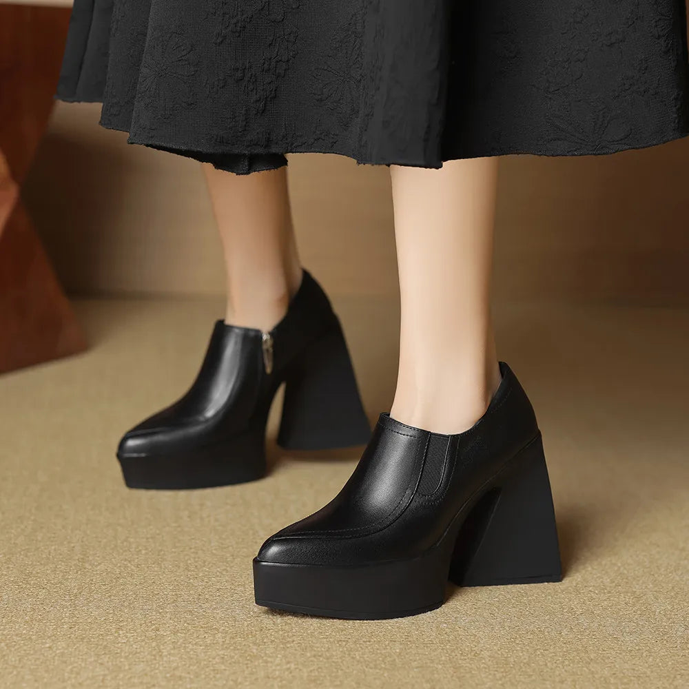 Aucegi New Spring Autumn Women Genuine Leather Pumps Classic Style Pointed Toe Platform Chunky Heel Retro Zipper Handmade Shoes