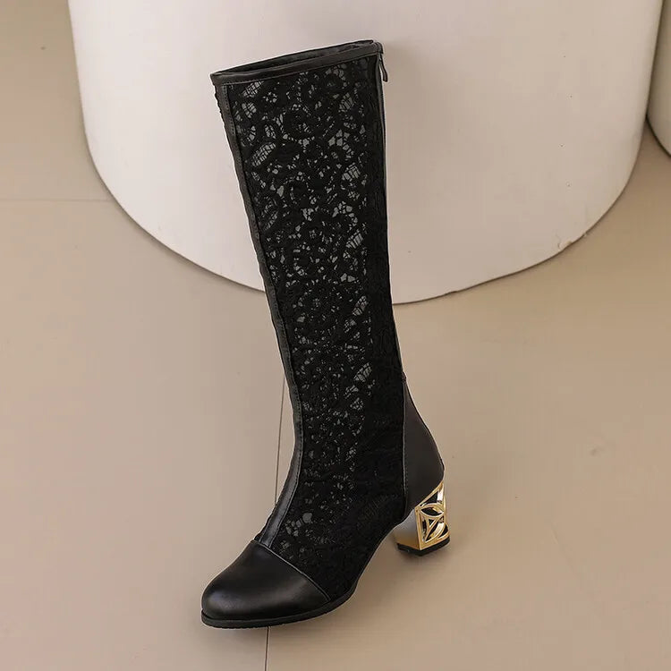 Vintage Hollow Embroider Mesh Surface Knee Length Women's Boot  5.5cm Thick Heel Fashion Women's Boot 34-47 Summer Cool Boots