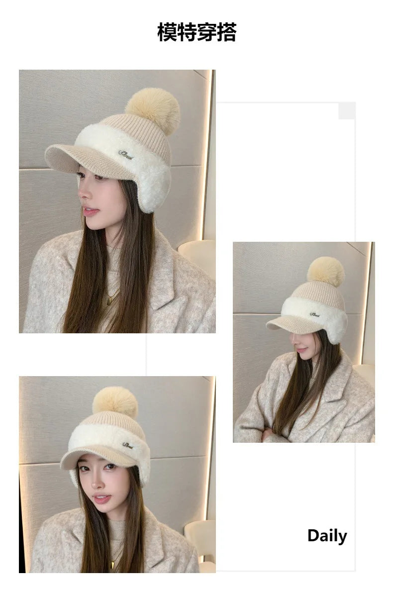 Winter Caps Patchwork Mink Fur Ear Protection Plush Hat Fashionable Solid Color Simple Wool Ball Knitted Hat For Women Cap BAZAARHUBO