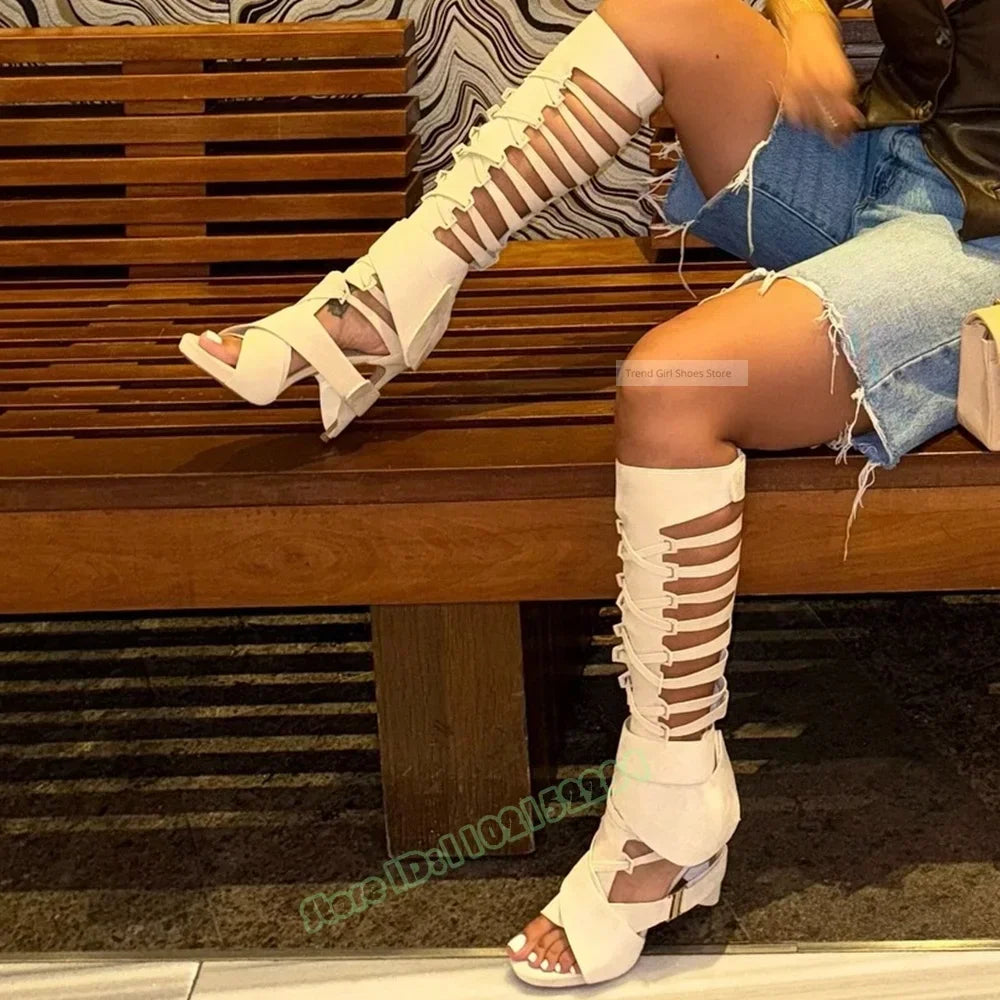 Hollow Straps Buckles Sandals Open Toe Solid Knee High Sandals Stiletto Heels Summer Women Sexy Shoes Party Casual Designer Shoe