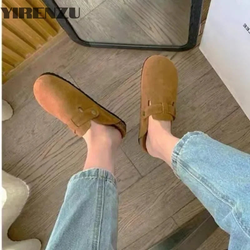 Summer Retro Birken Style Brown Faux Suede Flat Slippers Fashion Round Toe Platform Mules Outdoor Woman Soft Sole Cork Slides