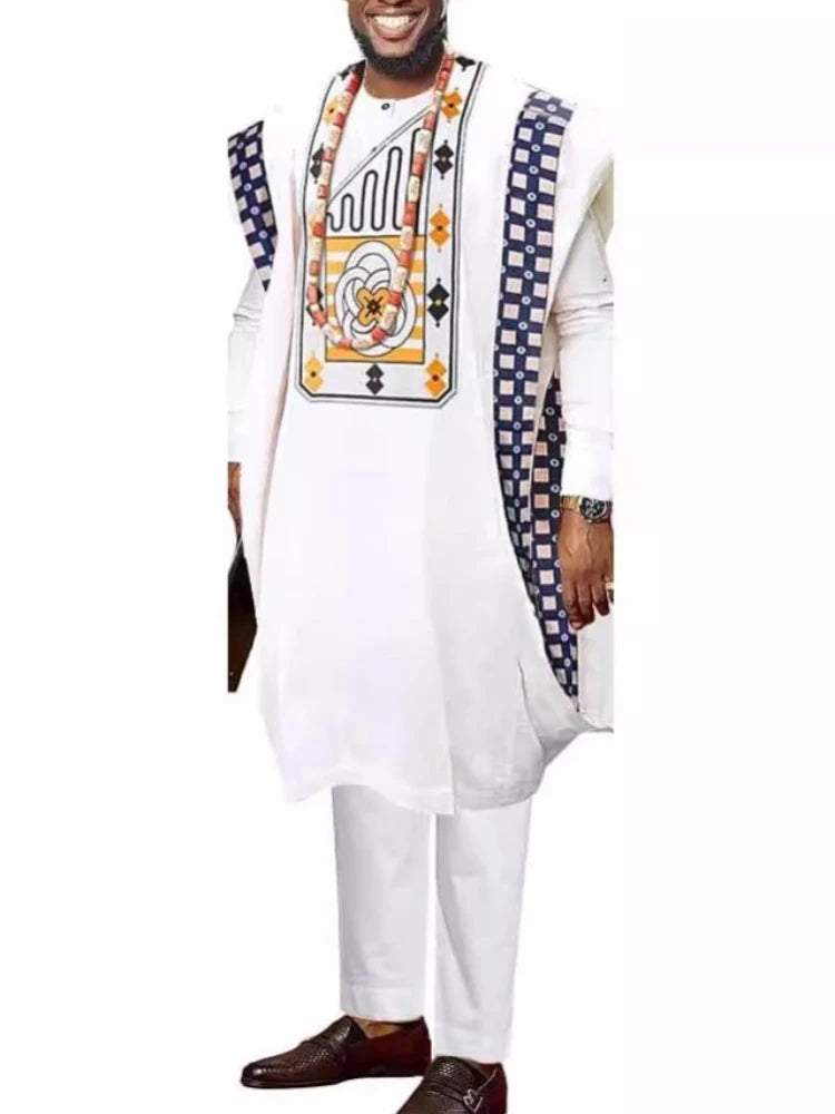 Men's African Traditional Clothing: Bazin Rich Original Heat Pressed White Clothing, Three-piece Suit, Suitable for Wedding Part