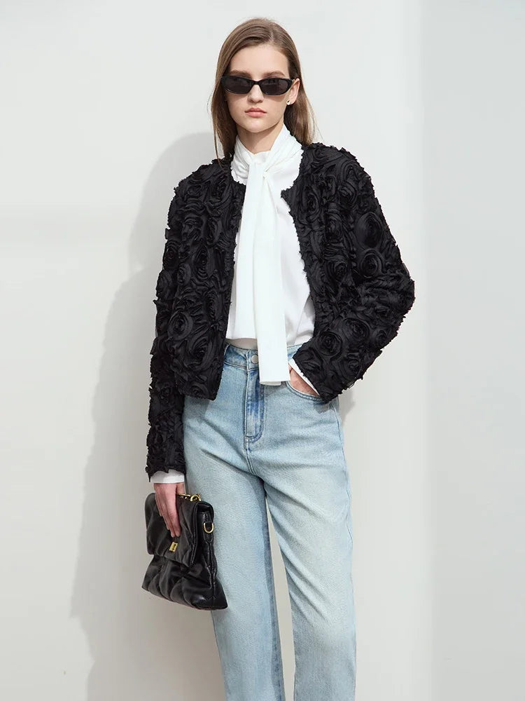 AMII Minimalism Short Jacket Women 2025 Autumn Elegant Floral O Neck Coat