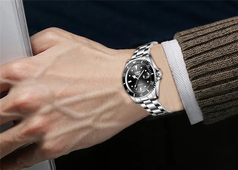 Classic Mechanical Watches Luxury Brand Business Automatic Watch for Men Rotatable Bezel Luminous Dial Steel Strap Clock