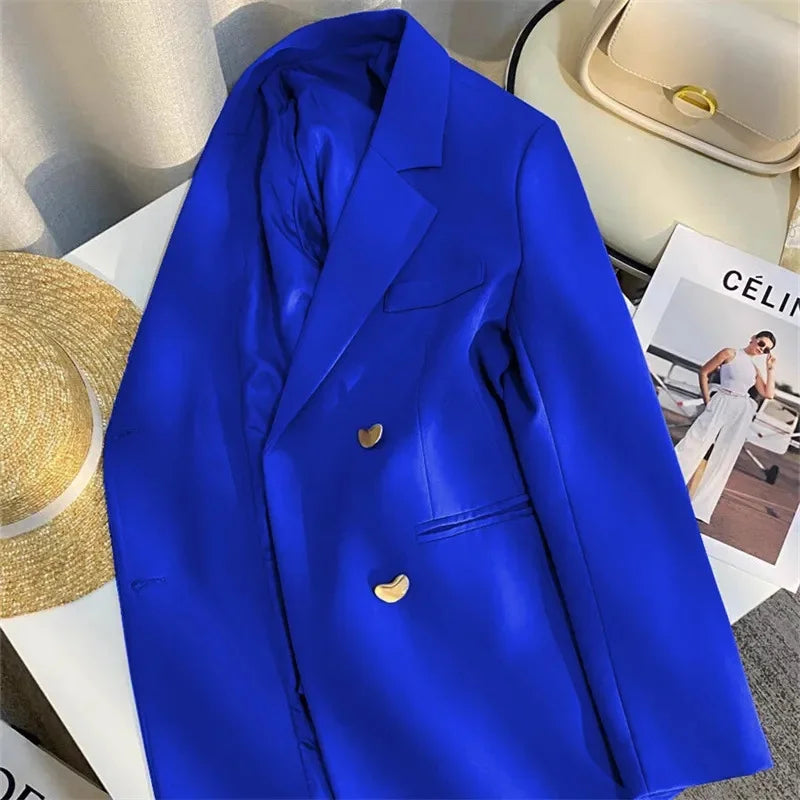 Vintage Double-breasted Blazers Jacket Women Elegant Temperament Metal Buttons Blazer Coat Ladies Long Sleeve Black Outerwear
