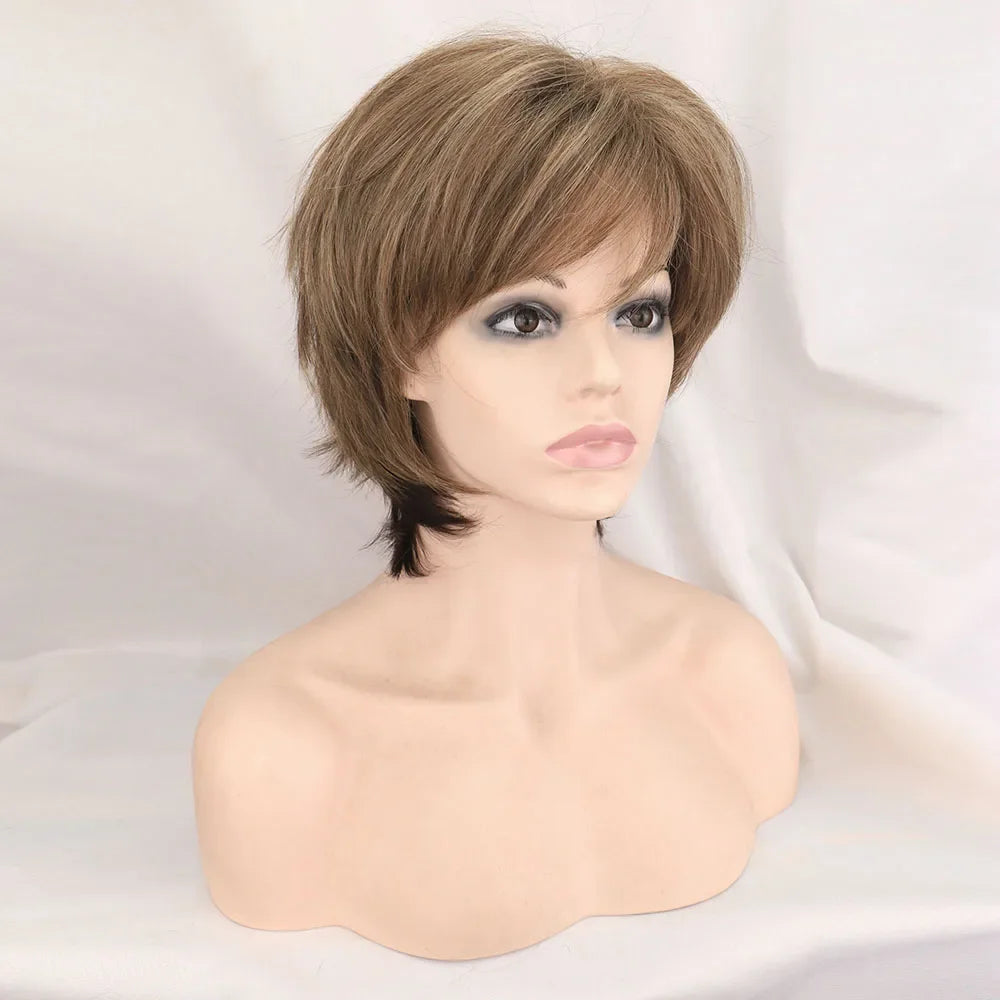 Short Brown Bob Wigs for Women Mixed Blonde Synthetic Natural Hair Wig