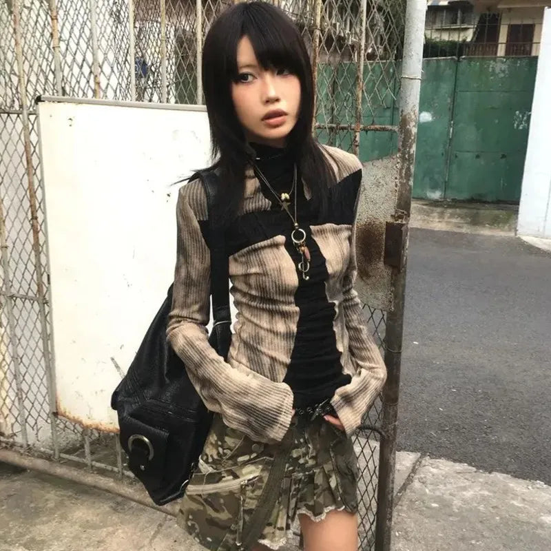 Genayooa Vintage T Shirt Women Patchwork Long Sleeve Skinny Tee Tops Streetwear Y2k Aesthetic Grunge Tops Tie Dye Tee Tops 2000s