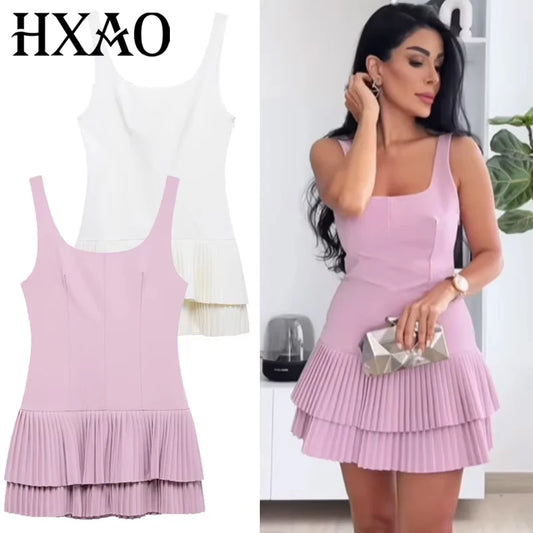 HXAO Pleated Slip Dress Womens Dresses Summer 2025 Sexy Mini White Backless Dress Elegant Party Dresses Solid Short Vestidos 066