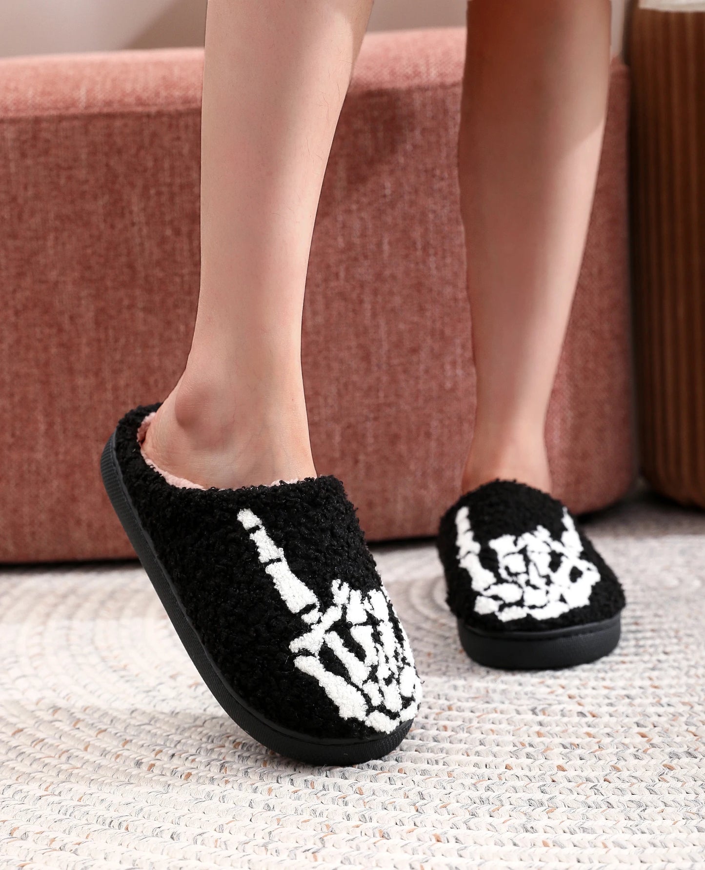 Skull Toe Pattern Personality Dark Style Embroidery stuffed Home Platform Cozy Fur Cotton Slippers Warm Non-slip Indoor Slippers Men Women Halloween Gift
