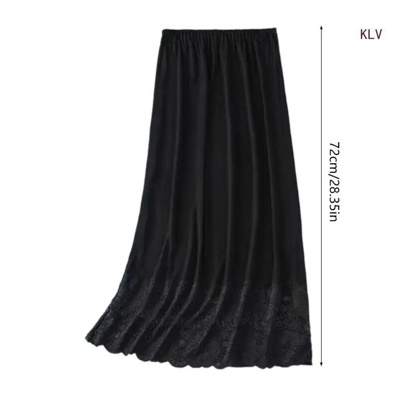 Womens Lace Trim Half Slip Long Underskirt Elastic Waist Solid Color Petticoat Basic Safety Half Skirt for Under Dresses