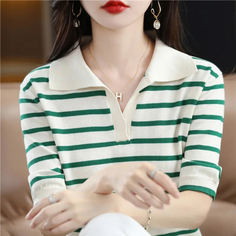 WinvyNee Summer Short Sleeved Women's Solid Polo Shirt Casual Cotton Striped Top T-shirt Women Clothing Casual Knitted A1002001