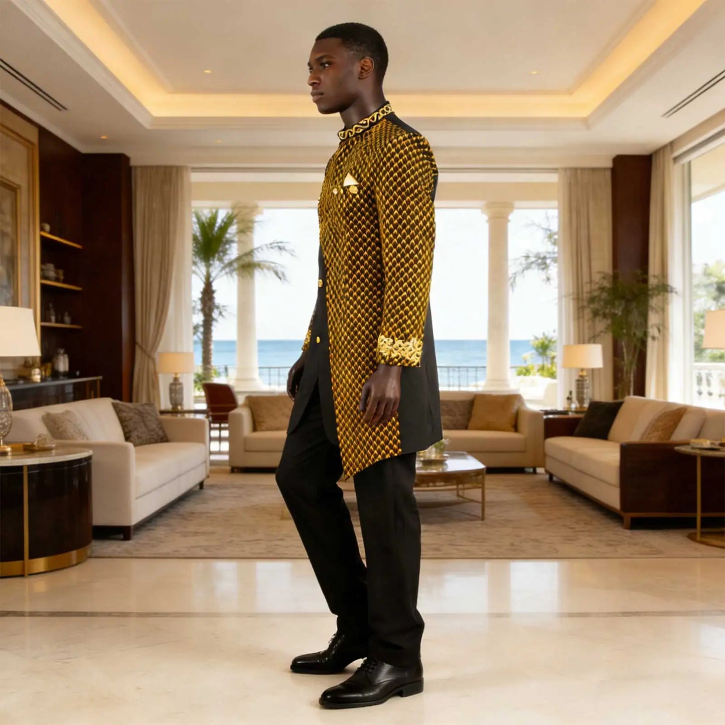African Suits for Men Embroidery Print Blazer and Pants Set Business Dress Suit with Kerchief Party Wedding Evening A2316023