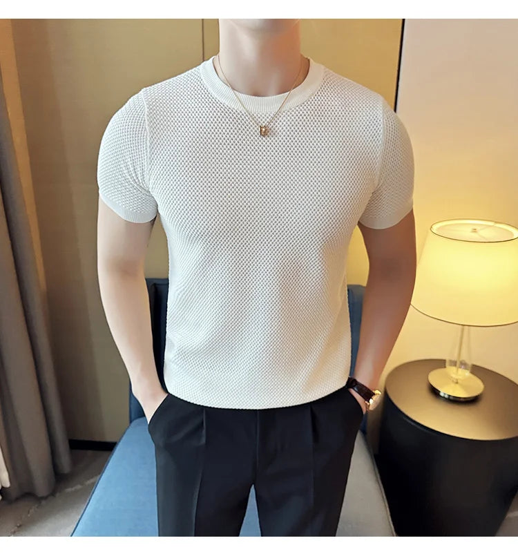 Summer Breathable T-Shirts For Men Korean Luxury Clothing O-Neck Short Sleeve Knitted Men's T Shirt Fashion Hollow Tops&Tees 3XL