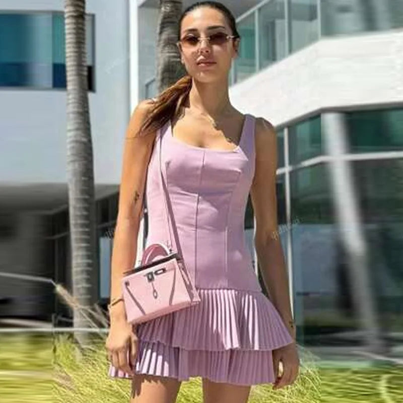 HXAO Pleated Slip Dress Womens Dresses Summer 2025 Sexy Mini White Backless Dress Elegant Party Dresses Solid Short Vestidos 066