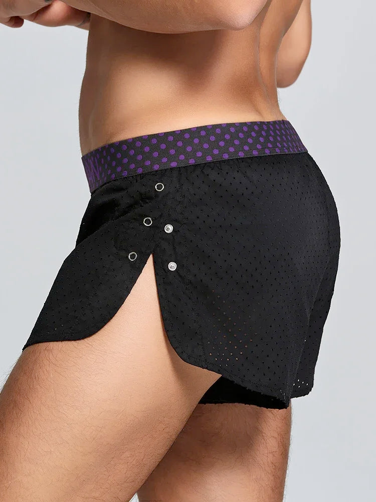 Summer new woven pure cotton Aro pants with side split button design, breathable mesh single-layer sleeping pants for men