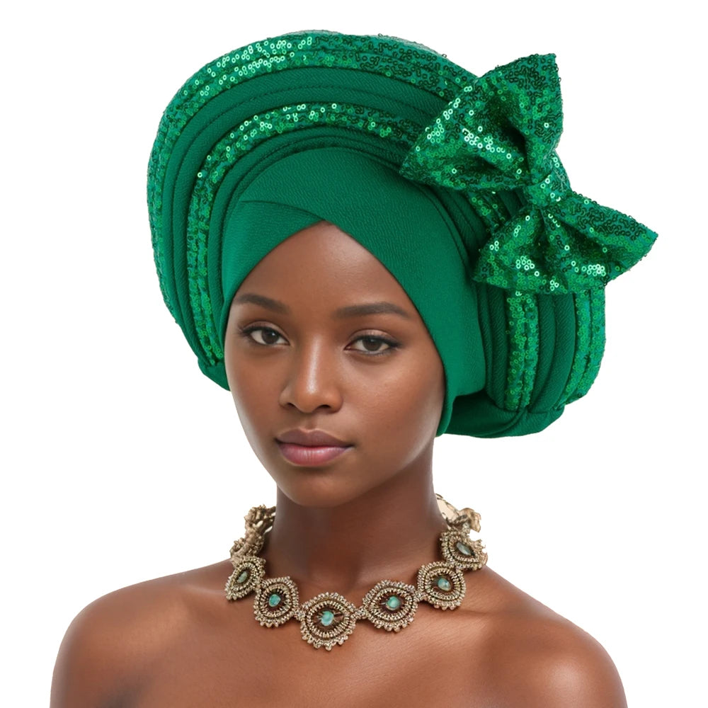 Sweet Bowknot Auto Gele Headtie for Women African Head Wraps Lady Party Headpiece Female Sequins Turban Cap
