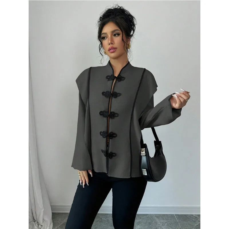 fashion Europe America Features Chinese Knot Design Long-sleeved Ethnic Style Which Casual The New Cross-border Women Shirt