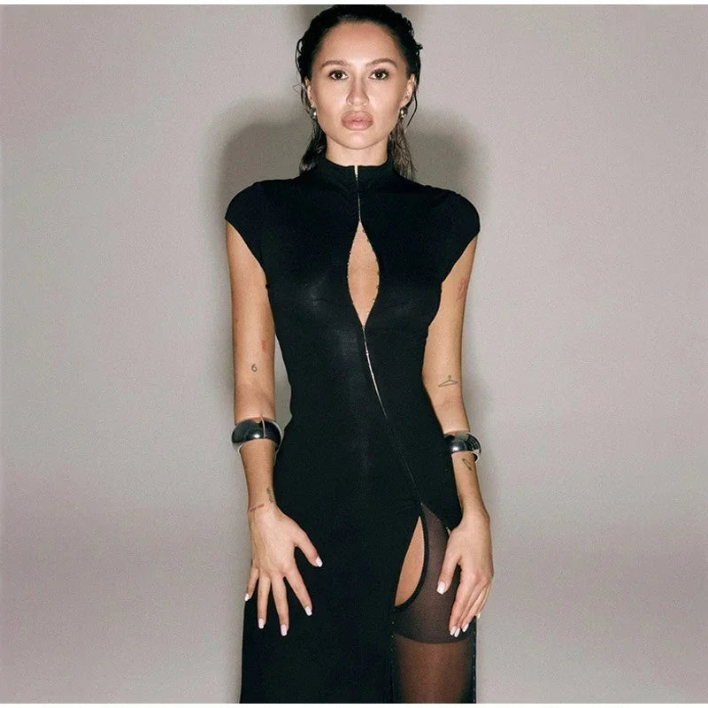 Y2k Black Hollow Out Slit Dress Women Solid Short Sleeve High Neck Slim Fit Maxi Dresses Lady Fashion Evening Party Club Robe