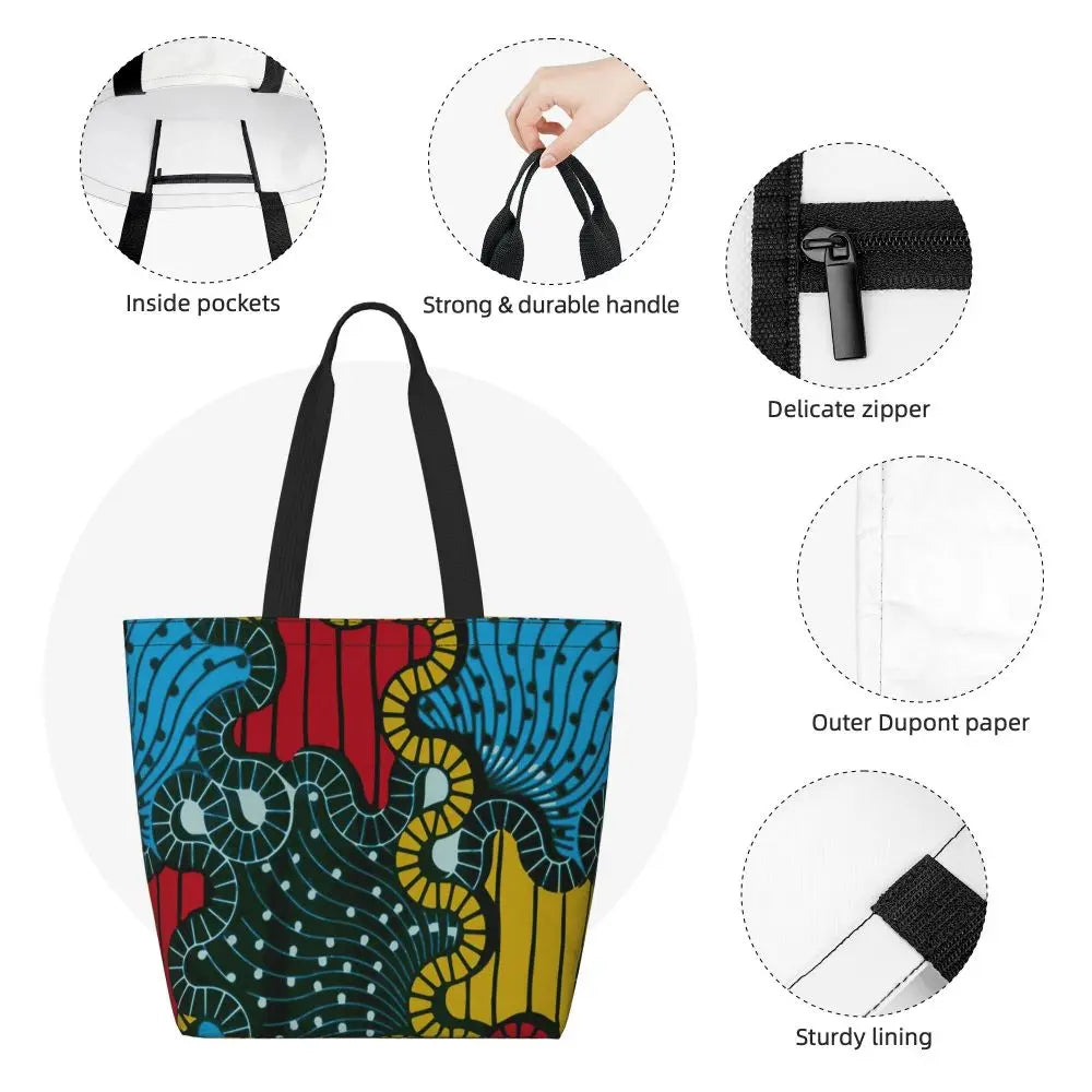 African Ankara Prints Grocery Shopping Tote Bags Women Geometric Ethnic Art Canvas Shoulder Shopper Bags Big Capacity Handbag