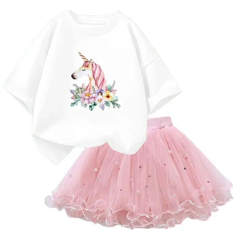 Dresses For Girl Summer Fashion Wear Outfit Kids T-Shirt Suit Unicorn Party Baby Costumes For Children Tulle Tutu Skirt Clothing