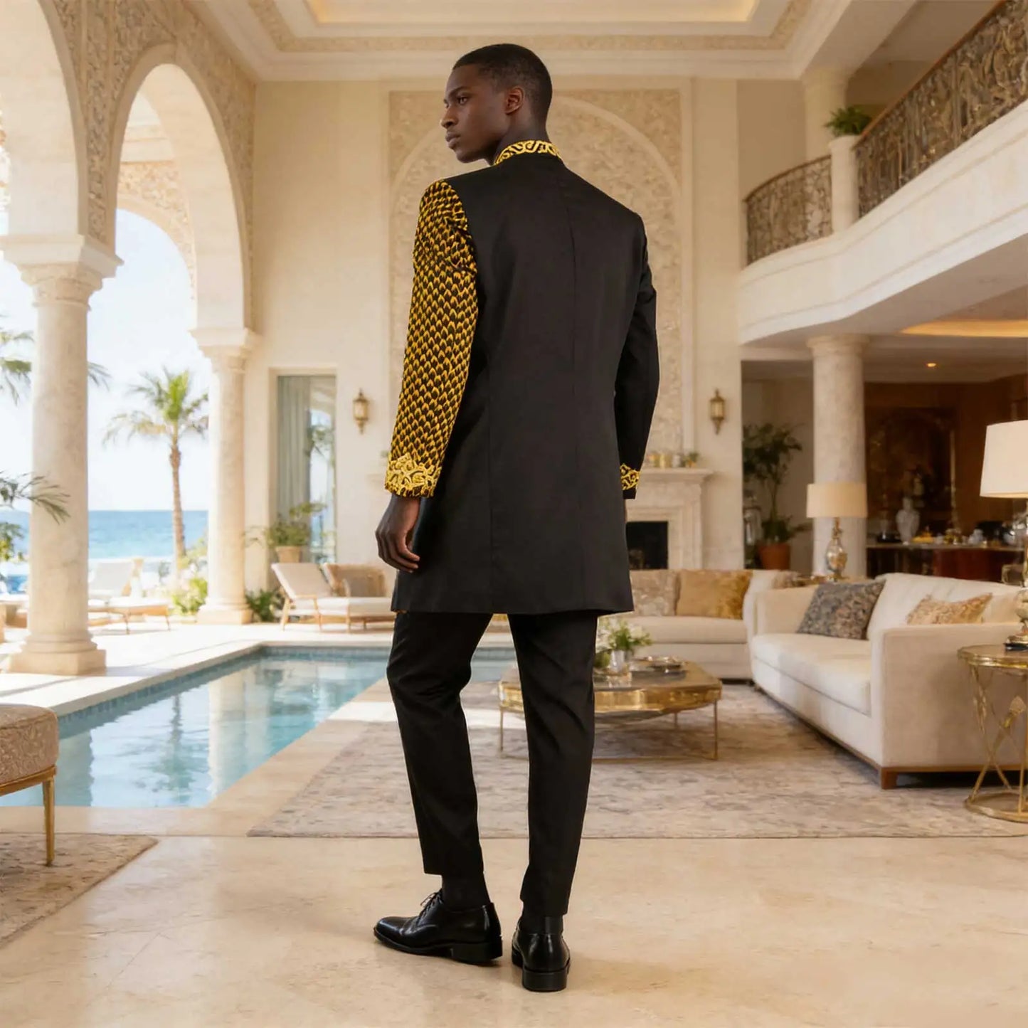 African Suits for Men Embroidery Print Blazer and Pants Set Business Dress Suit with Kerchief Party Wedding Evening A2316023