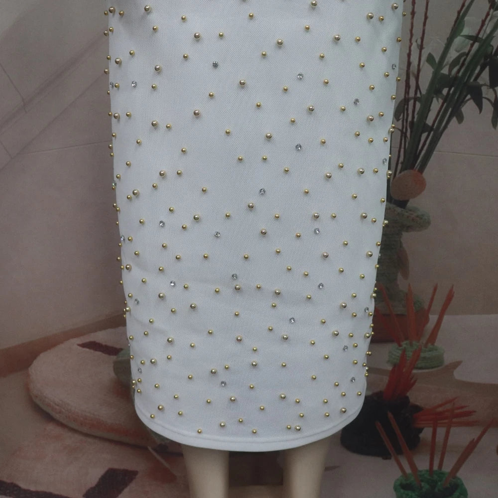 Fashion Suit African Dresses for Woman Rhinestone Turkey Dresses for Women Luxury High Quality Mesh Fabric African Beaded Dress