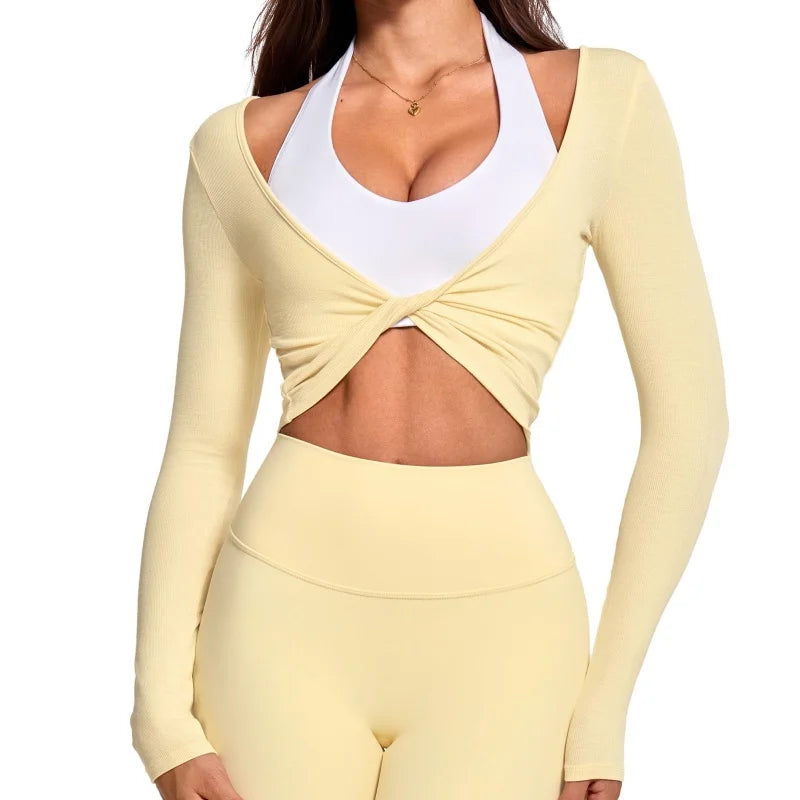 Sexy Twist Front  Long Sleeve Crop Top Women Ribbed Slim Yoga Clothing Quick Dry Gym Long Sleeved Shirt Run Workout Sportswear