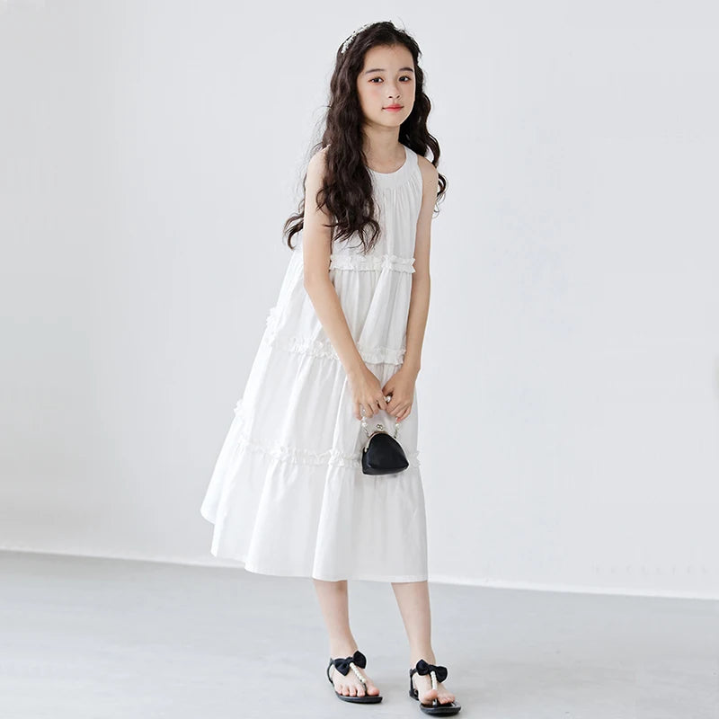 Fashion Korean Children's Clothes 2025 Elegant Dress For Girls Casual Dresses White Sleeveless Summer Dress Loose Girl Outfits