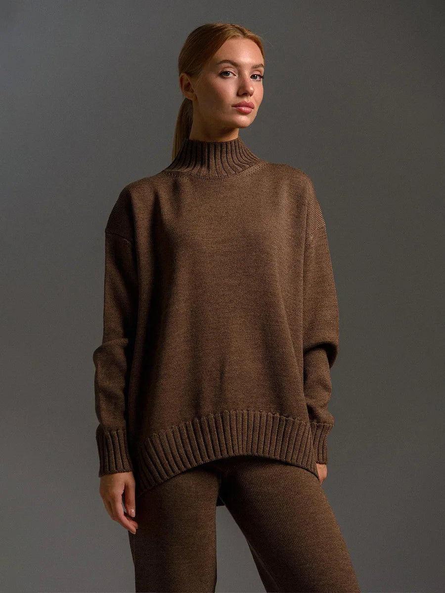 Blubelle Women's Autumn Winter Knit Pullover Sweater Pants Set Mock Neck Loose Fit Soft Cozy Trendy Elastic Waist Fashion Set