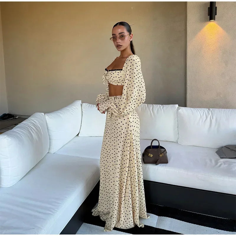 Fashion Women's Polka Dot Long Skirt Set Square Neck Lantern Sleeve Lace Crop Top High Waist A-line Skirts 2026 Summer Lady Suit