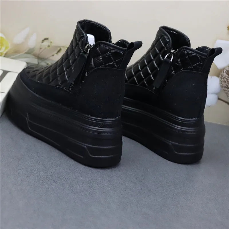 12cm Winter Leather Silver Women Snow Boots Thick Sole Waterproof Warm Platform Boots Women Plush Mid-calf Boots Increases Heigh