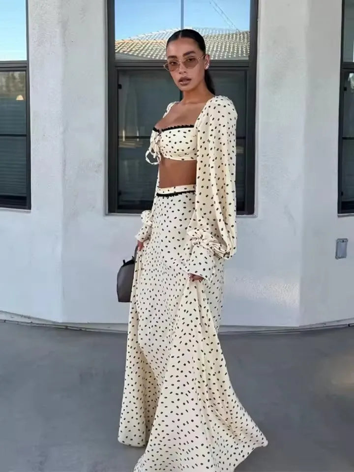 Elegant Female 2 Piece Skirt Set Polka Dots Printed Suit Cropped Short Sleeves Square Neck Top Slit High Waist Skirt Vintage Set
