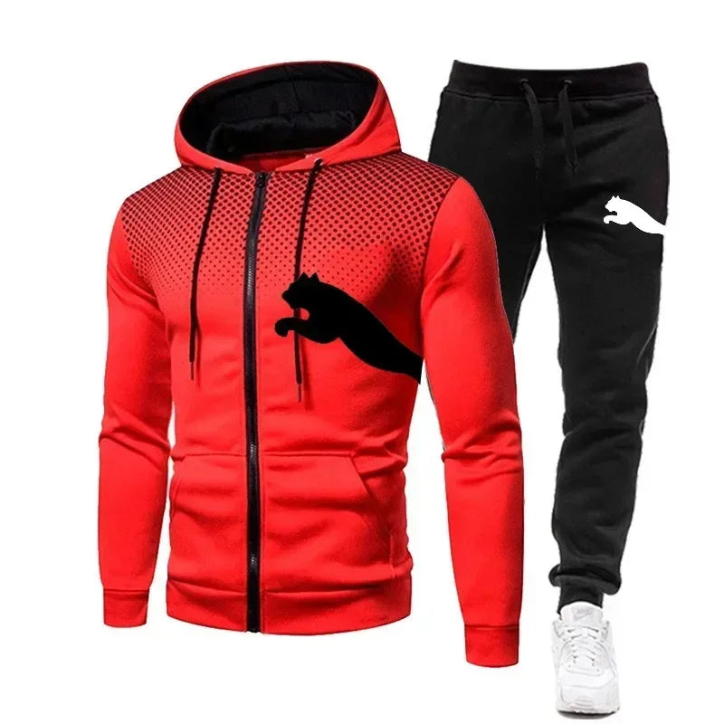 Two-piece Set of Men's Casual Outdoor Sportswear for Autumn, Men's Two-piece Set of Zippered Hooded Sweatshirt and Sweatpants BAZAARHUBO