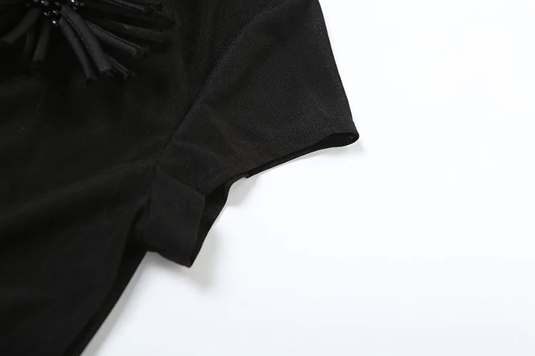 Tassel Applique Crop Tops Women Single-Breasted Half-High Neck Tassel Midnight Hottie Versatile Street Skinny T-Shirt