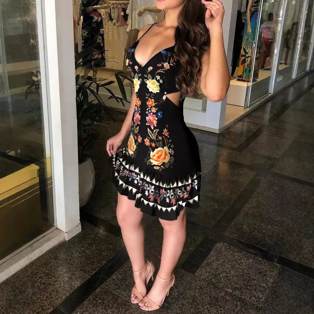 Sexy Dress for Women New Fashion 2024 Summer Elegant Hollow Suspender V-Neck Exposed Waist Printed Dresses Casual Short Skirt
