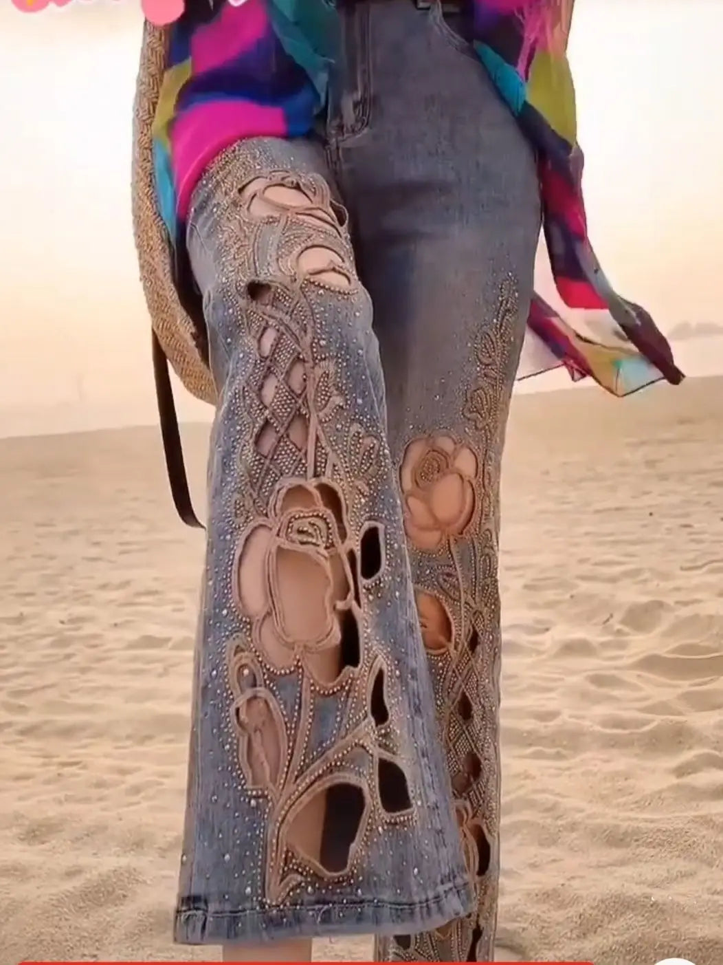 2025 Summer Women New Heavy Industry Hollow Embroidered Jeans Women High Waist Skinny Fashion Versatile Nine-Point Flared Pants