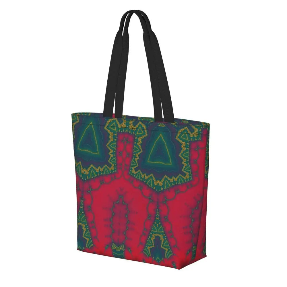 African Ankara Prints Grocery Shopping Tote Bags Women Geometric Ethnic Art Canvas Shoulder Shopper Bags Big Capacity Handbag