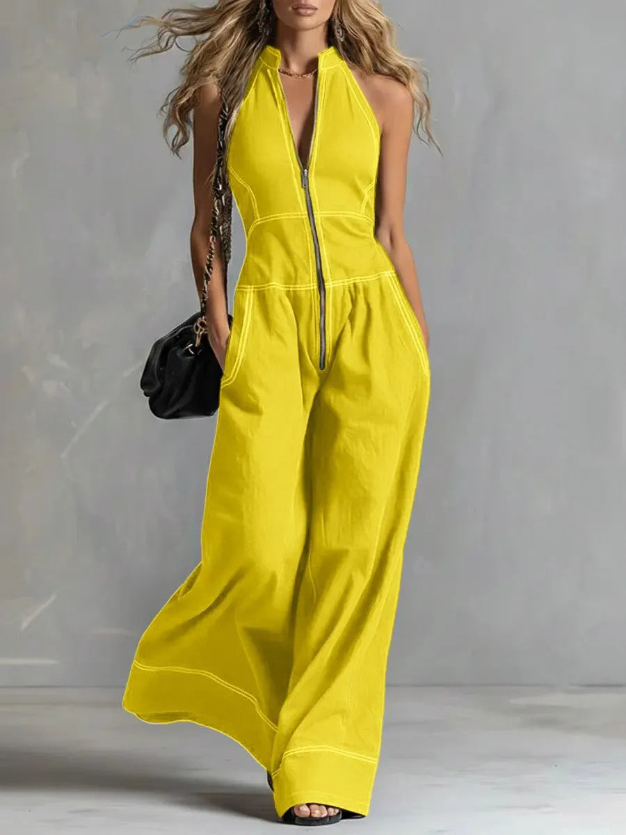 Spring Autumn Fashion Rompers Jumpsuit Women Loose Off-shoulder Zipper Pockets Wide Legs Trousers Overalls Sleeveless 64034