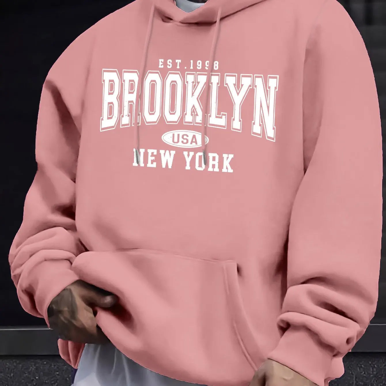 Men's autumn and winter casual fashion loose Brooklyn New York letter printed long sleeved hooded sweatshirt warm pullover BAZAARHUBO