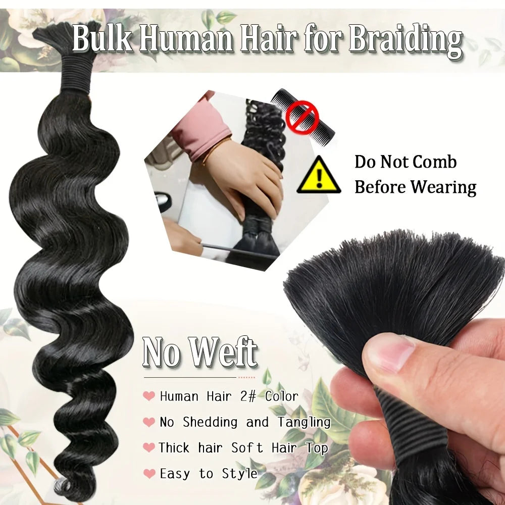 12A Body Wave Bulk Human Hair No Weft Unprocessed Virgin Remy Hair Soft Bouncy For Boho Braids DIY Styling Natural Black Raw Hair Extension 55g/1pack