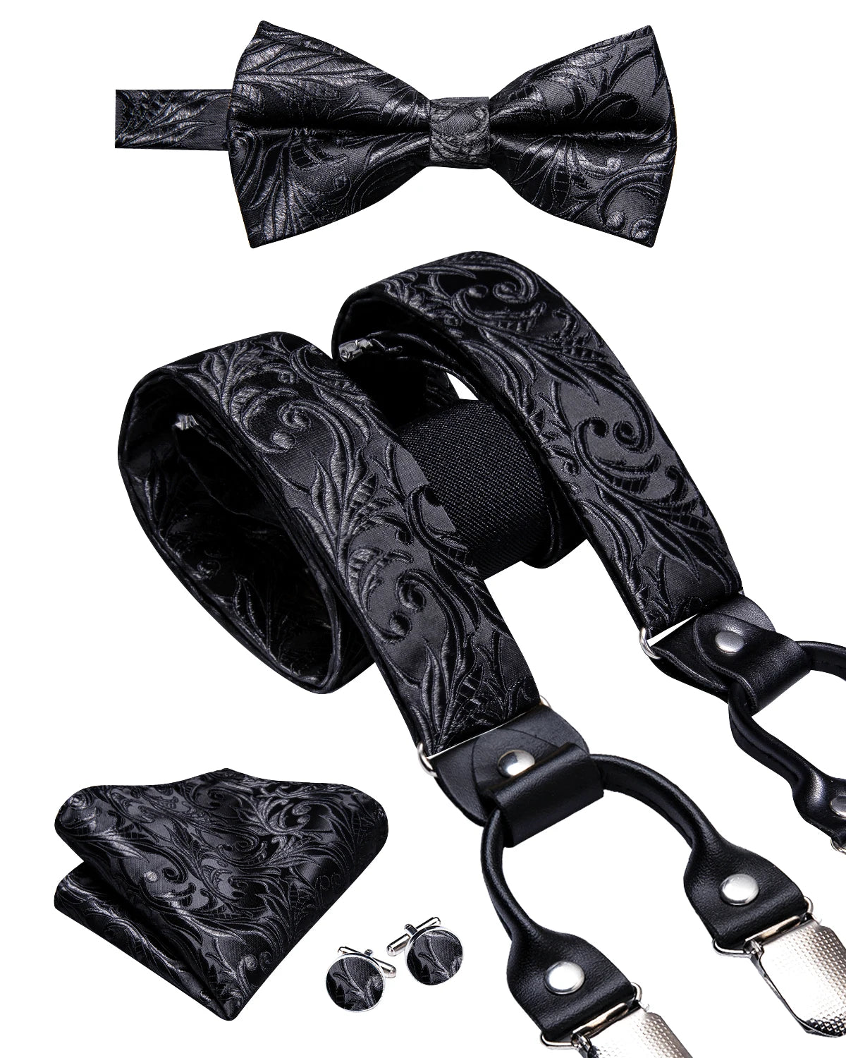 Hi-Tie Silk Adult Men's suspenders Set Leather Metal 6 Clips Braces Gold Brown Floral Vintage Men Fashion Wedding Suspenders Men BAZAARHUBO
